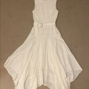 Calvin Klein White Eyelet Asymmetrical Midi Dress with Belt